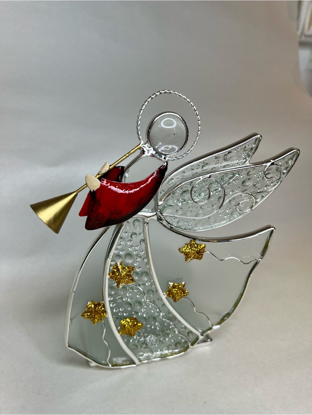Angel and Trumpet Votive Holder  Stained Glass Silver Plate International Silver